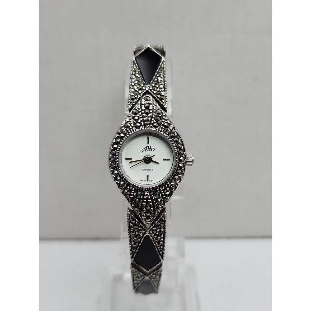 Vintage Alto Marcasite Black Art Deco Womens Silver Bracelet Watch New Battery